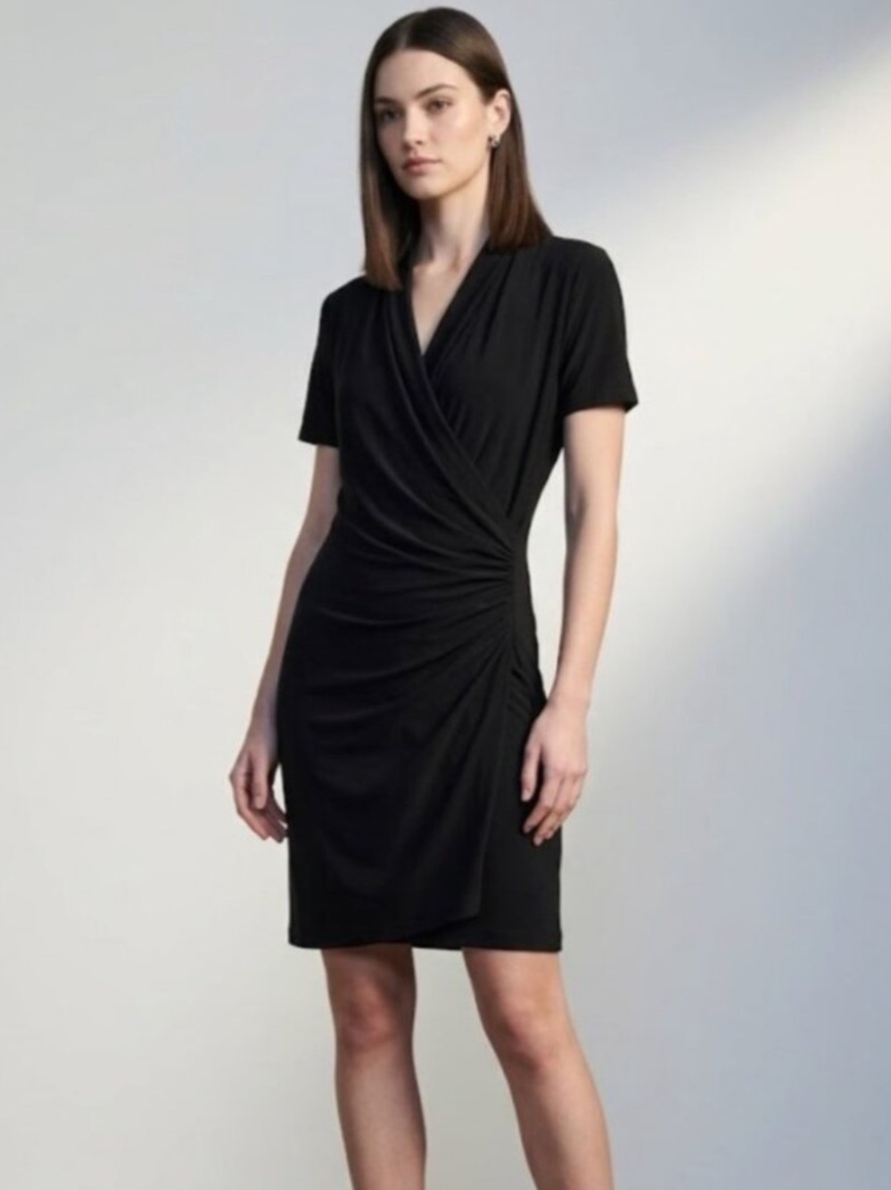 Norma Kamali Black Faux Wrap Shift Dress Short Sleeve Jersey M Medium Classic